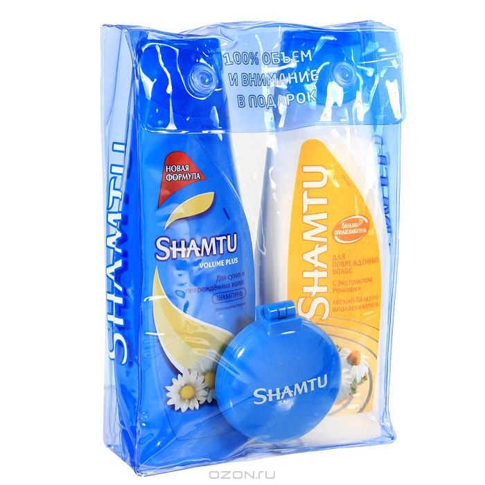 Набор Shamtu "Прикосновение ромашки", для поврежденных волос: шампунь, бальзам-ополаскиватель, зеркальце с расческой